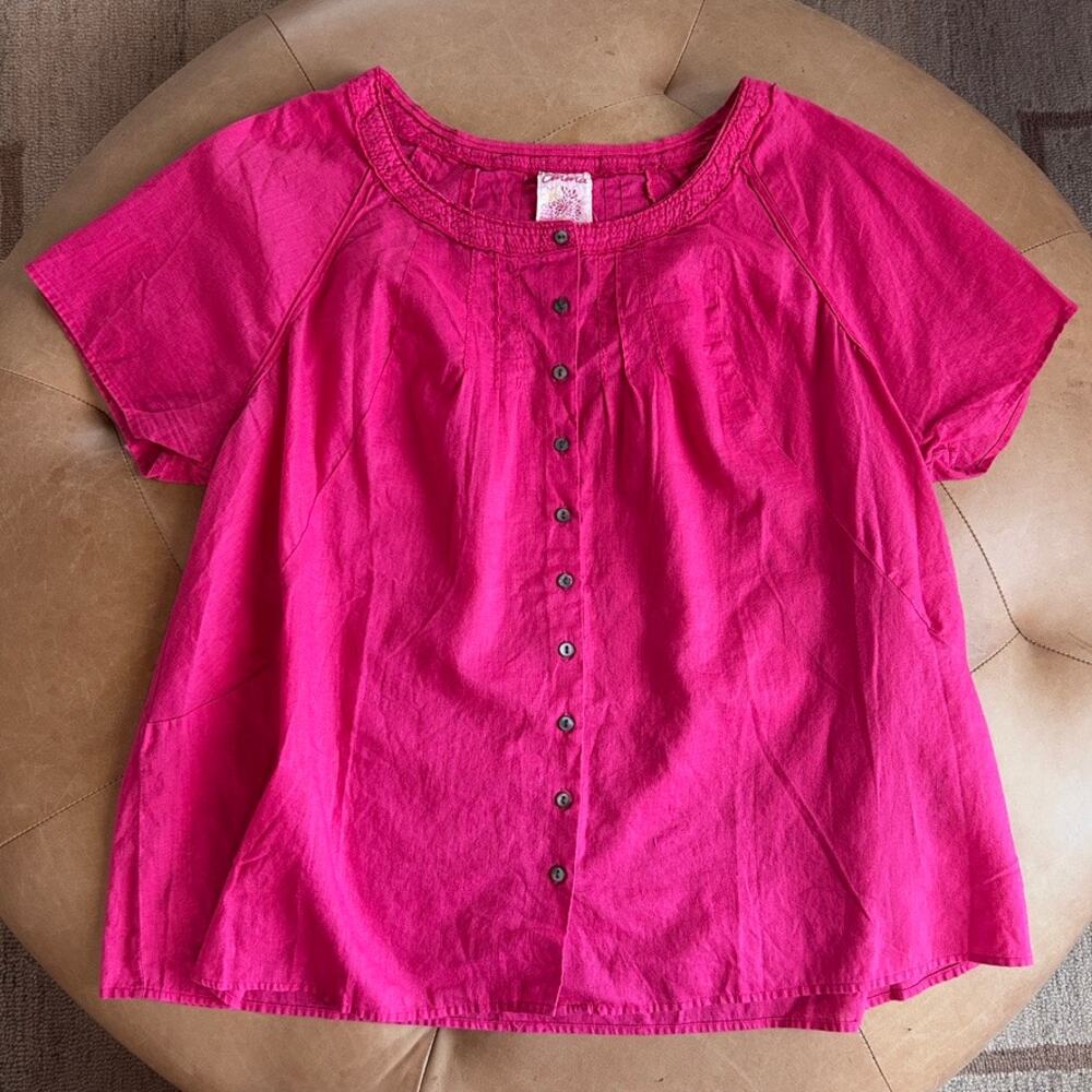 Linen Cotton Blouse Hot Pink Pintuck Button Front Short Sleeve Women Plus 22/24